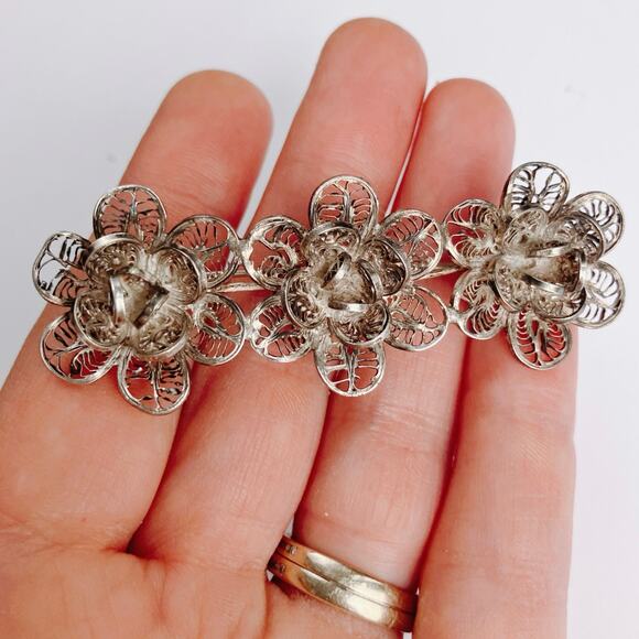 VTG Mid Century Brooch Silver Filigree Layered Floral Scrollwork Pin - Picture 4 of 10